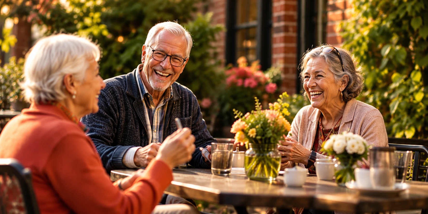 Older friends enjoying a conversation at an outdoor cafe